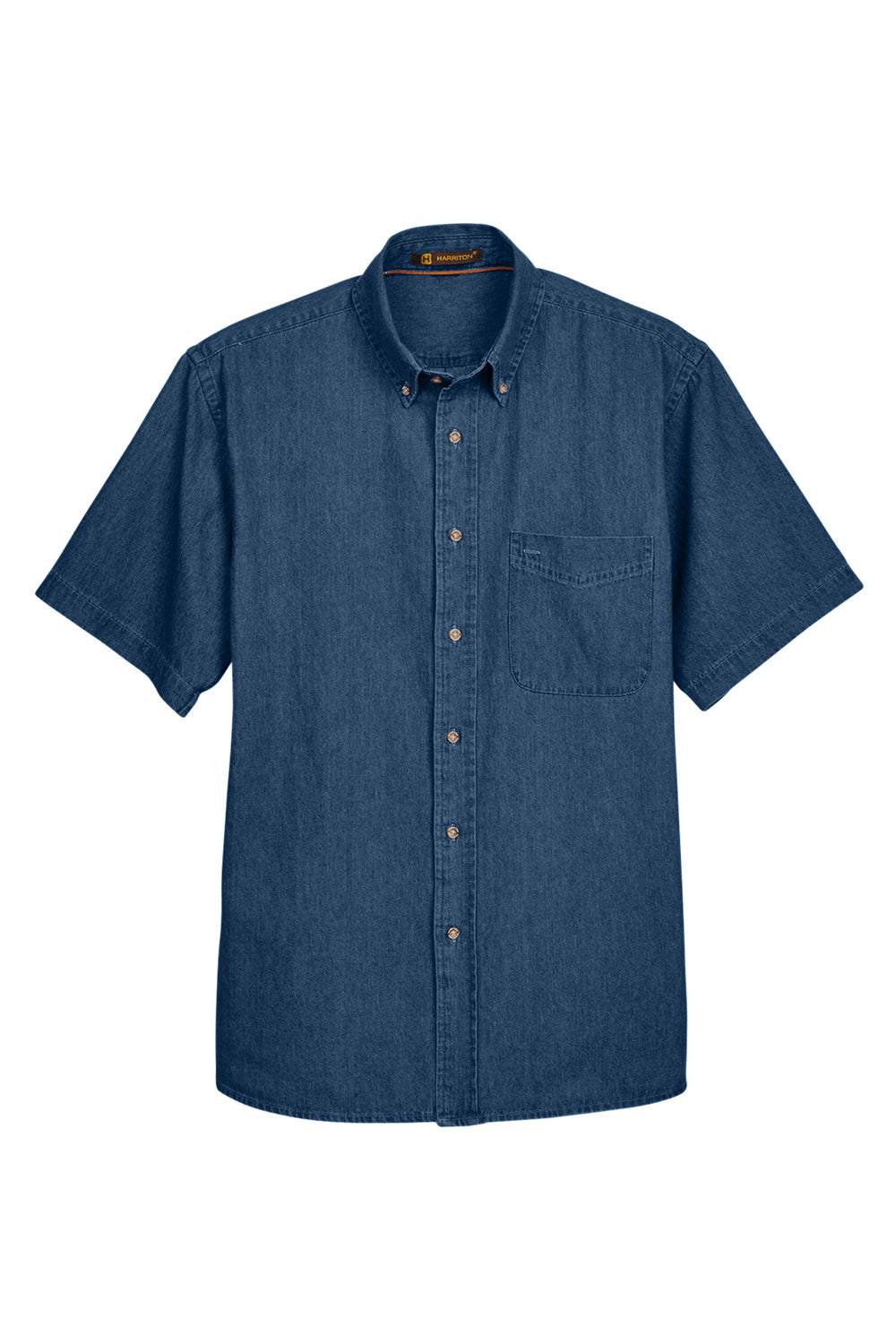 Harriton M550S Mens Denim Short Sleeve Button Down Shirt w/ Pocket Dark Denim Flat Front