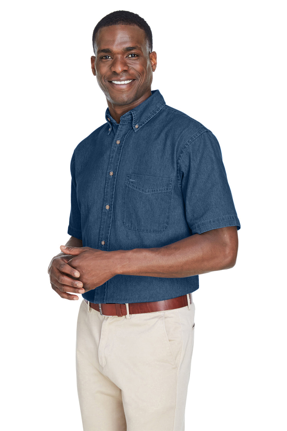 Harriton M550S Mens Denim Short Sleeve Button Down Shirt w/ Pocket Dark Denim Model 3q