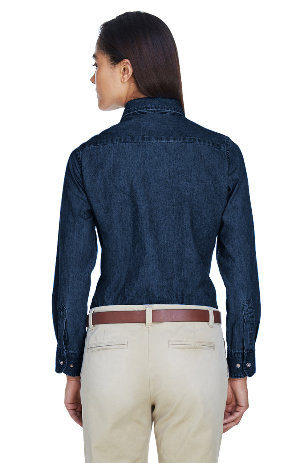 Harriton M550W Womens Denim Long Sleeve Button Down Shirt Dark Denim Model Back