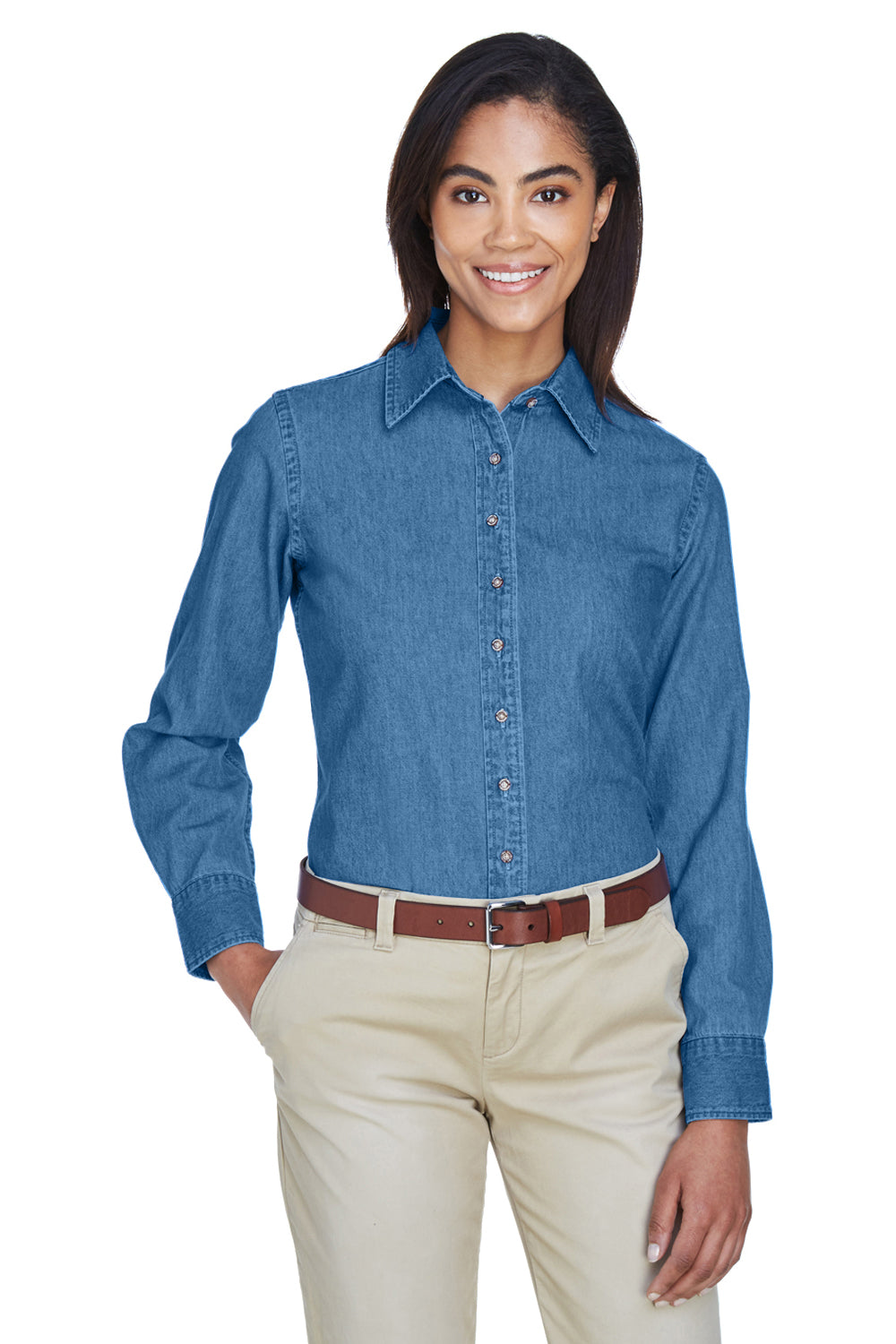 Harriton M550W Womens Denim Long Sleeve Button Down Shirt Light Denim Model Front