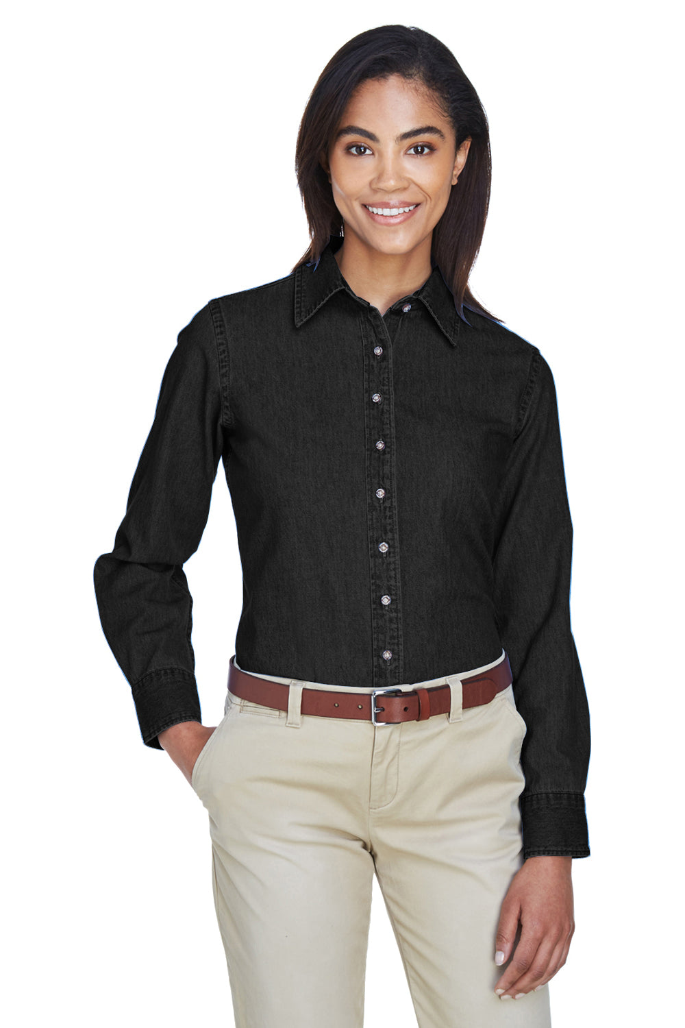 Harriton M550W Womens Denim Long Sleeve Button Down Shirt Washed Black Model Front