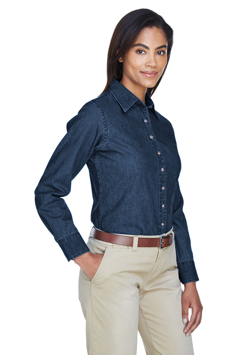 Harriton M550W Womens Denim Long Sleeve Button Down Shirt Dark Denim Model 3q