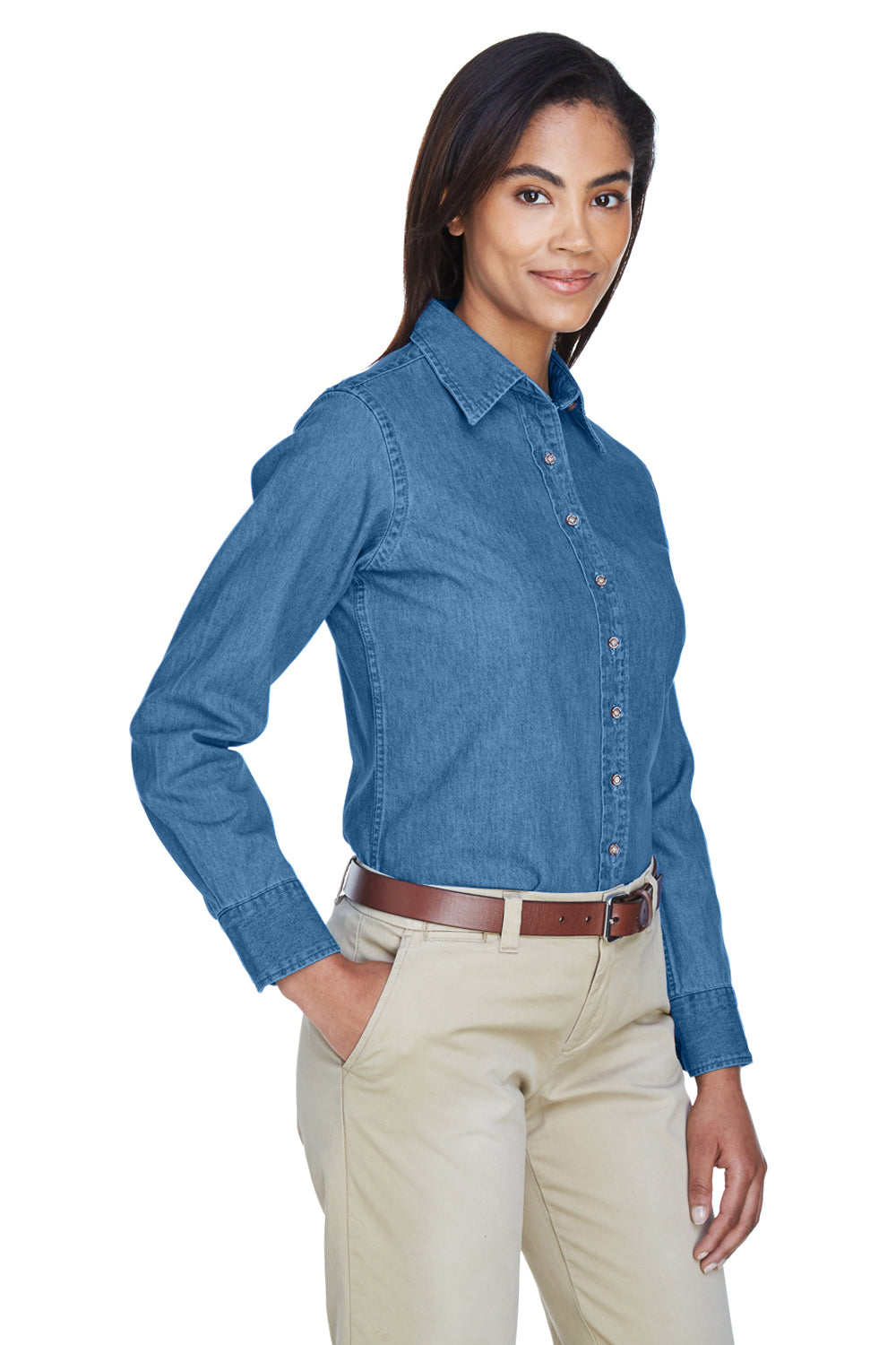 Harriton M550W Womens Denim Long Sleeve Button Down Shirt Light Denim Model 3q