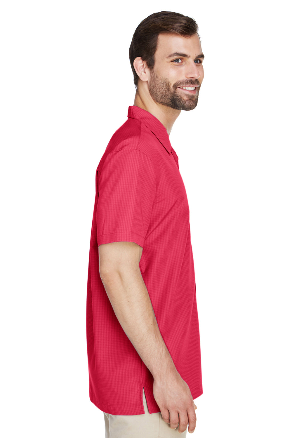 Harriton M560 Mens Barbados Wrinkle Resistant Short Sleeve Button Down Camp Shirt w/ Pocket Parrot Red Model Side