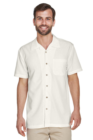 Harriton M560 Mens Barbados Wrinkle Resistant Short Sleeve Button Down Camp Shirt w/ Pocket Cream Model Front