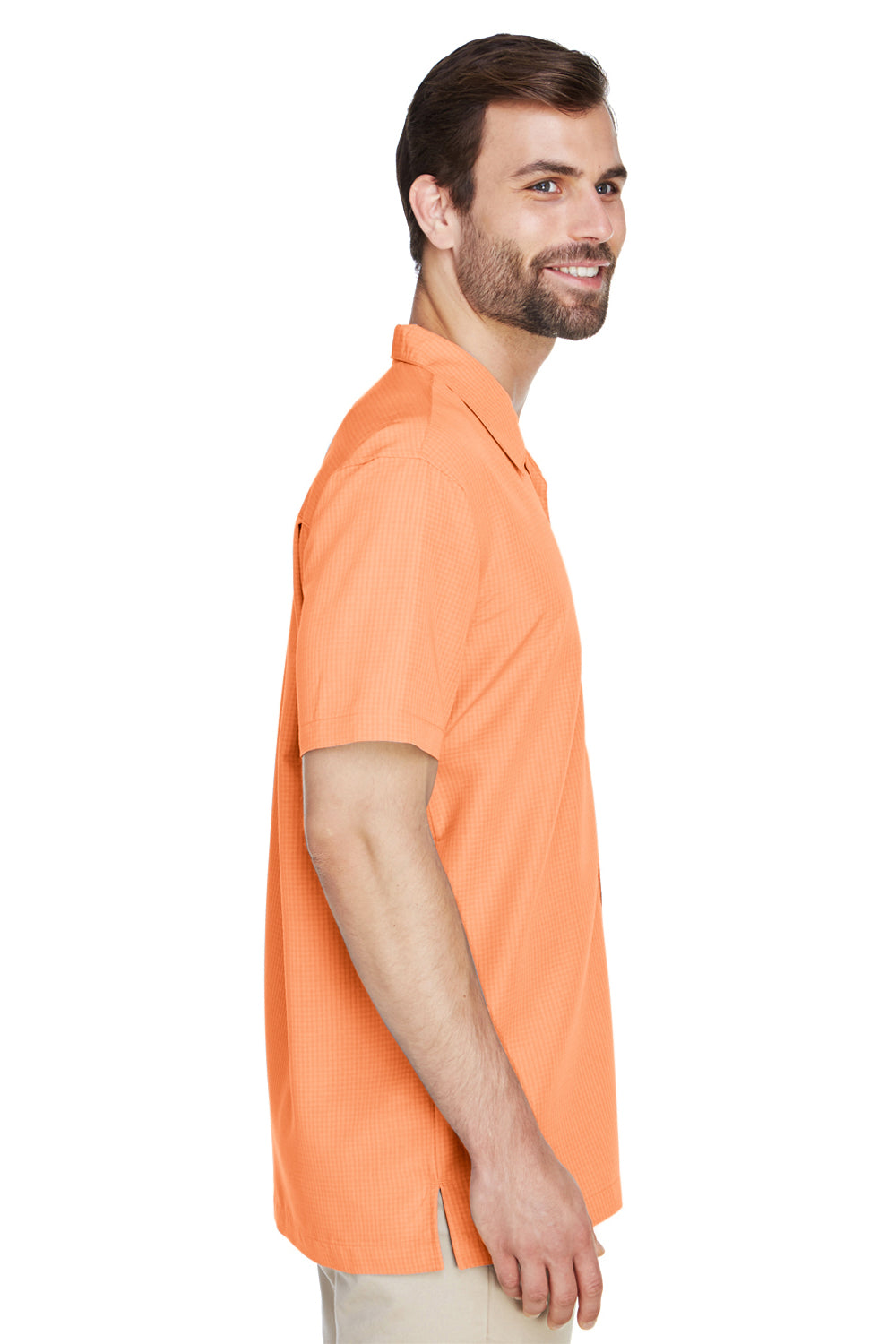 Harriton M560 Mens Barbados Wrinkle Resistant Short Sleeve Button Down Camp Shirt w/ Pocket Nectarine Orange Model Side