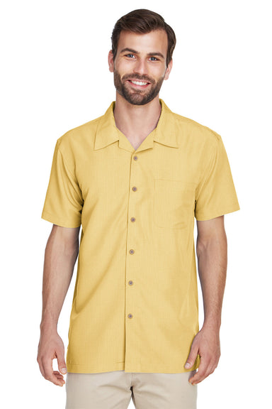 Harriton M560 Mens Barbados Wrinkle Resistant Short Sleeve Button Down Camp Shirt w/ Pocket Pineapple Yellow Model Front