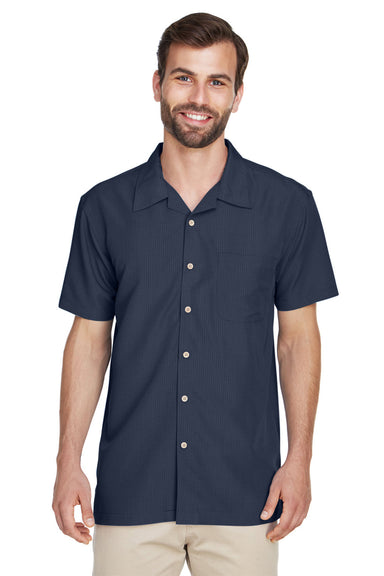 Harriton M560 Mens Barbados Wrinkle Resistant Short Sleeve Button Down Camp Shirt w/ Pocket Navy Blue Model Front