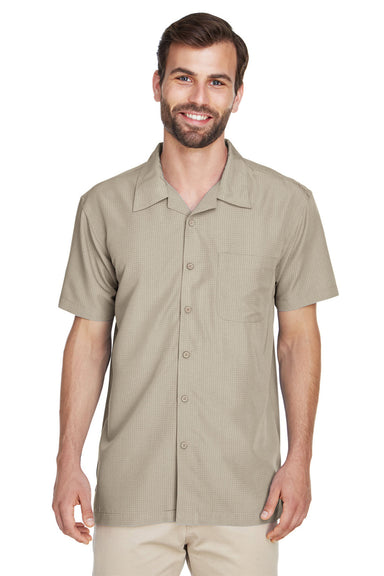 Harriton M560 Mens Barbados Wrinkle Resistant Short Sleeve Button Down Camp Shirt w/ Pocket Khaki Model Front