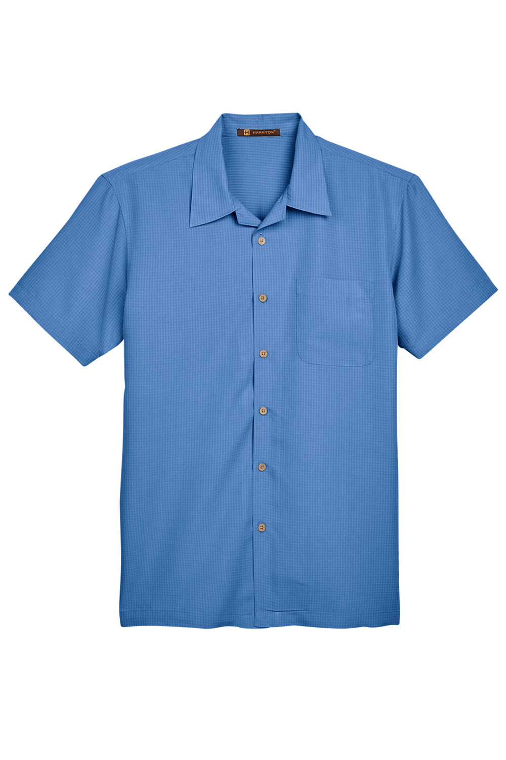 Harriton M560 Mens Barbados Wrinkle Resistant Short Sleeve Button Down Camp Shirt w/ Pocket Pool Blue Flat Front