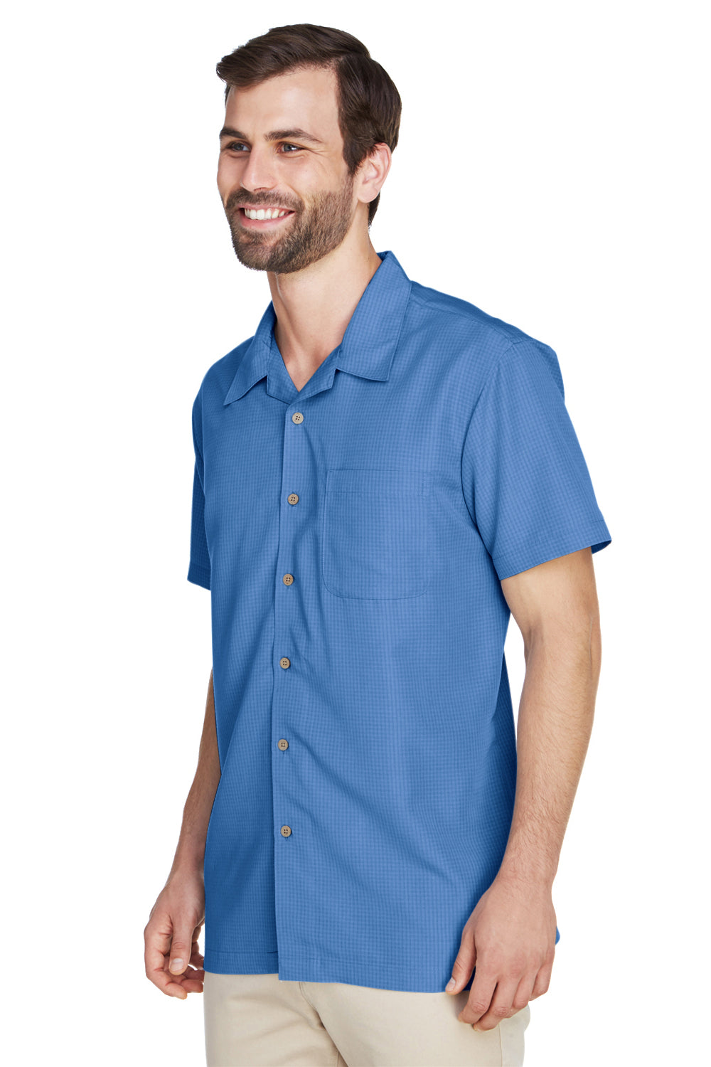 Harriton M560 Mens Barbados Wrinkle Resistant Short Sleeve Button Down Camp Shirt w/ Pocket Pool Blue Model 3q