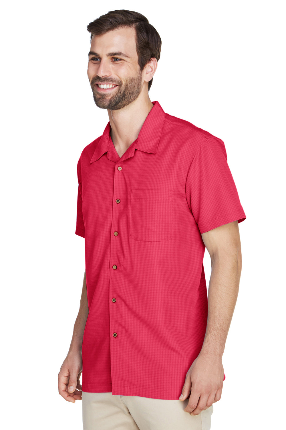 Harriton M560 Mens Barbados Wrinkle Resistant Short Sleeve Button Down Camp Shirt w/ Pocket Parrot Red Model 3q