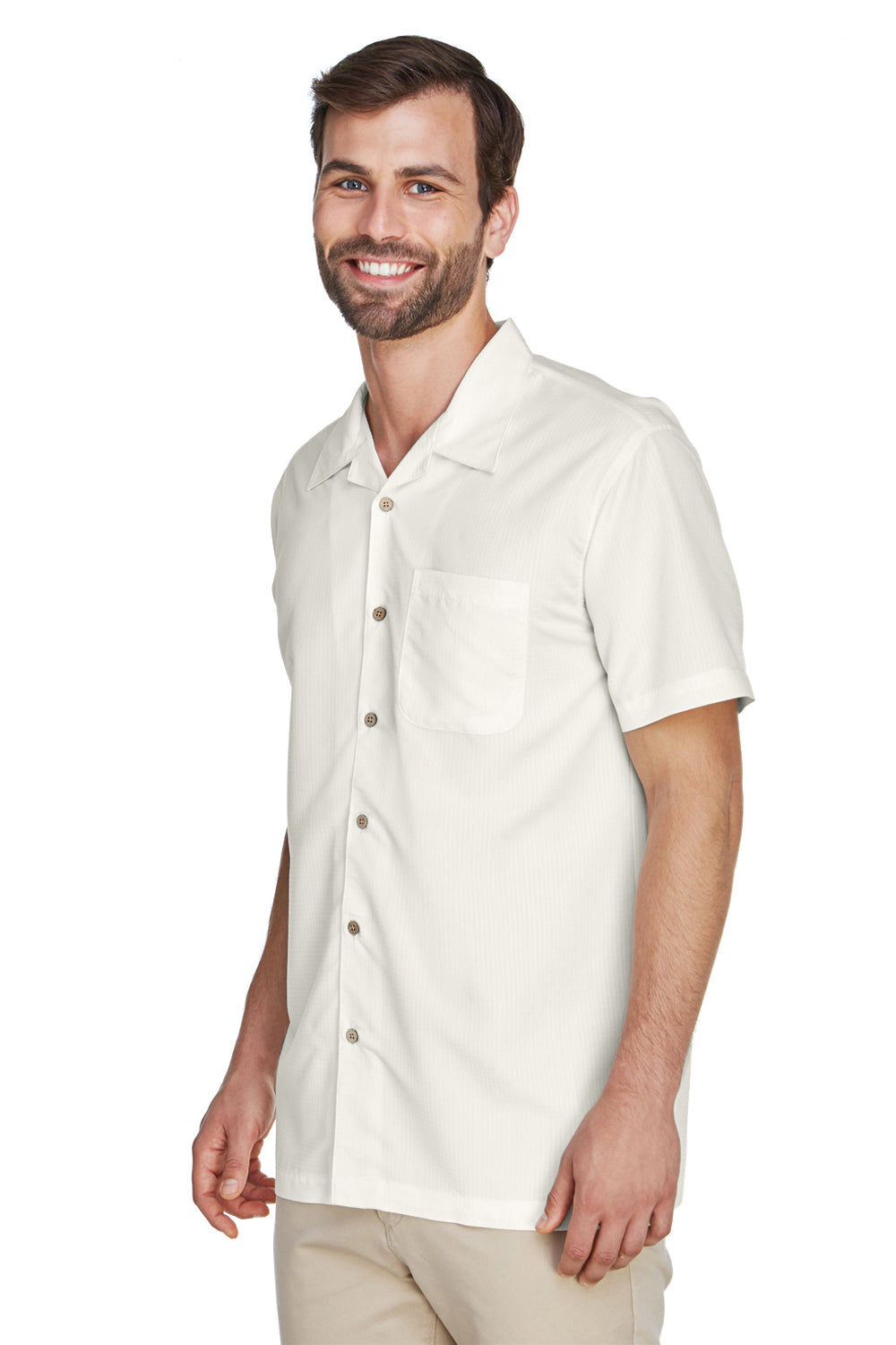 Harriton M560 Mens Barbados Wrinkle Resistant Short Sleeve Button Down Camp Shirt w/ Pocket Cream Model 3q