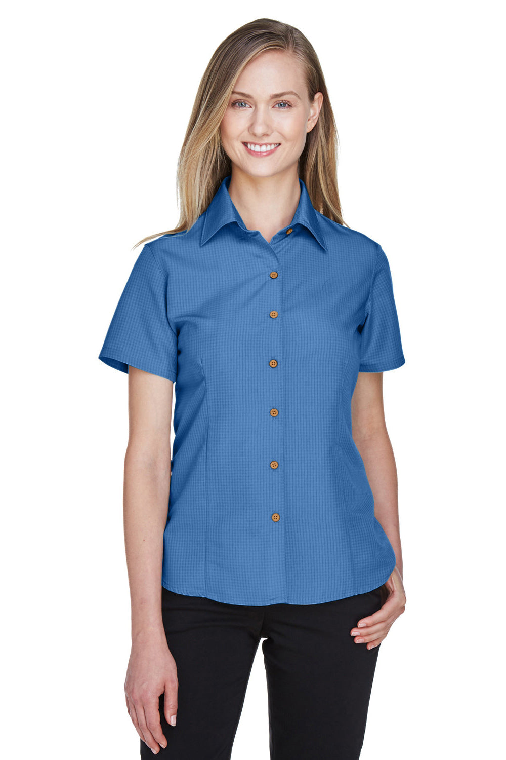 Harriton M560W Womens Barbados Wrinkle Resistant Short Sleeve Button Down Camp Shirt Pool Blue Model Front