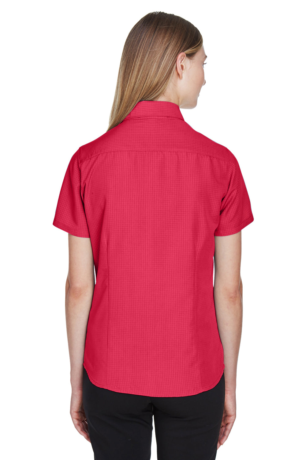 Harriton M560W Womens Barbados Wrinkle Resistant Short Sleeve Button Down Camp Shirt Parrot Red Model Back