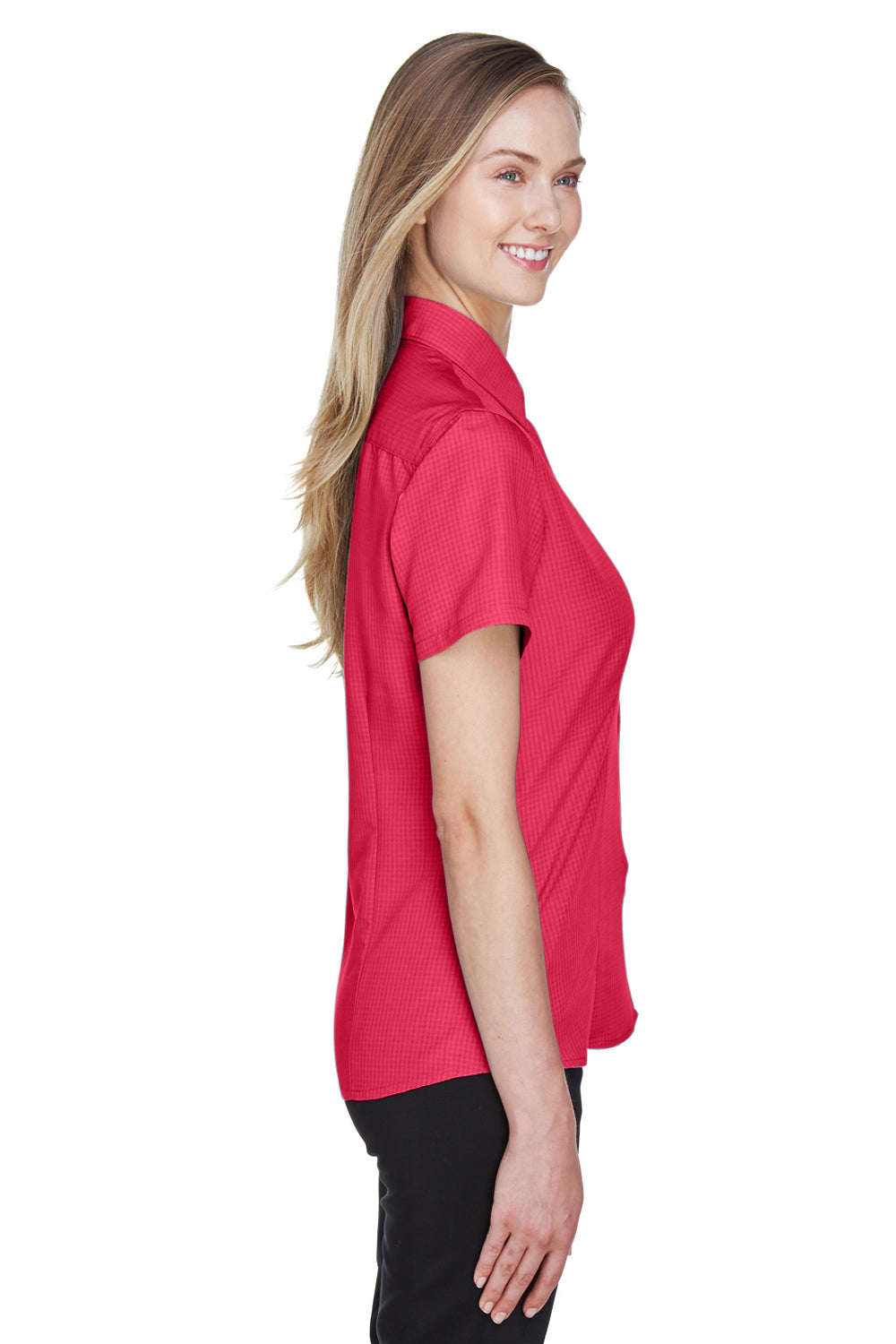 Harriton M560W Womens Barbados Wrinkle Resistant Short Sleeve Button Down Camp Shirt Parrot Red Model Side