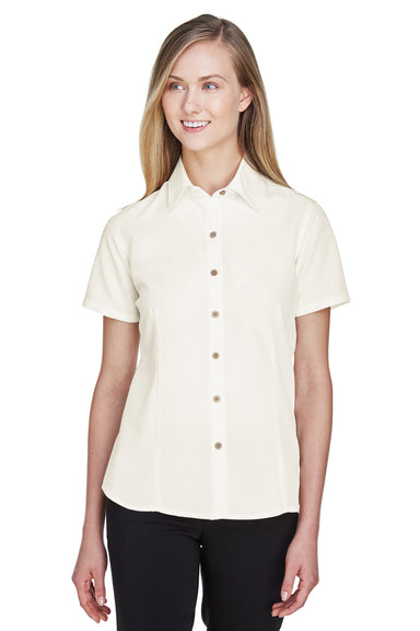 Harriton M560W Womens Barbados Wrinkle Resistant Short Sleeve Button Down Camp Shirt Cream Model Front