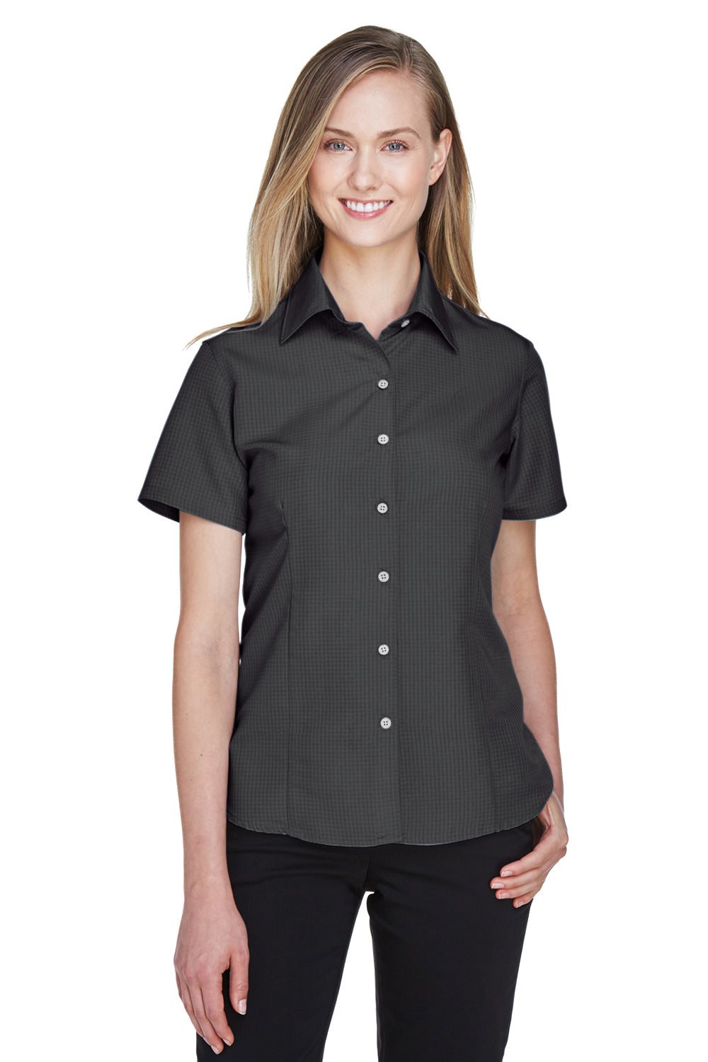 Harriton M560W Womens Barbados Wrinkle Resistant Short Sleeve Button Down Camp Shirt Black Model Front