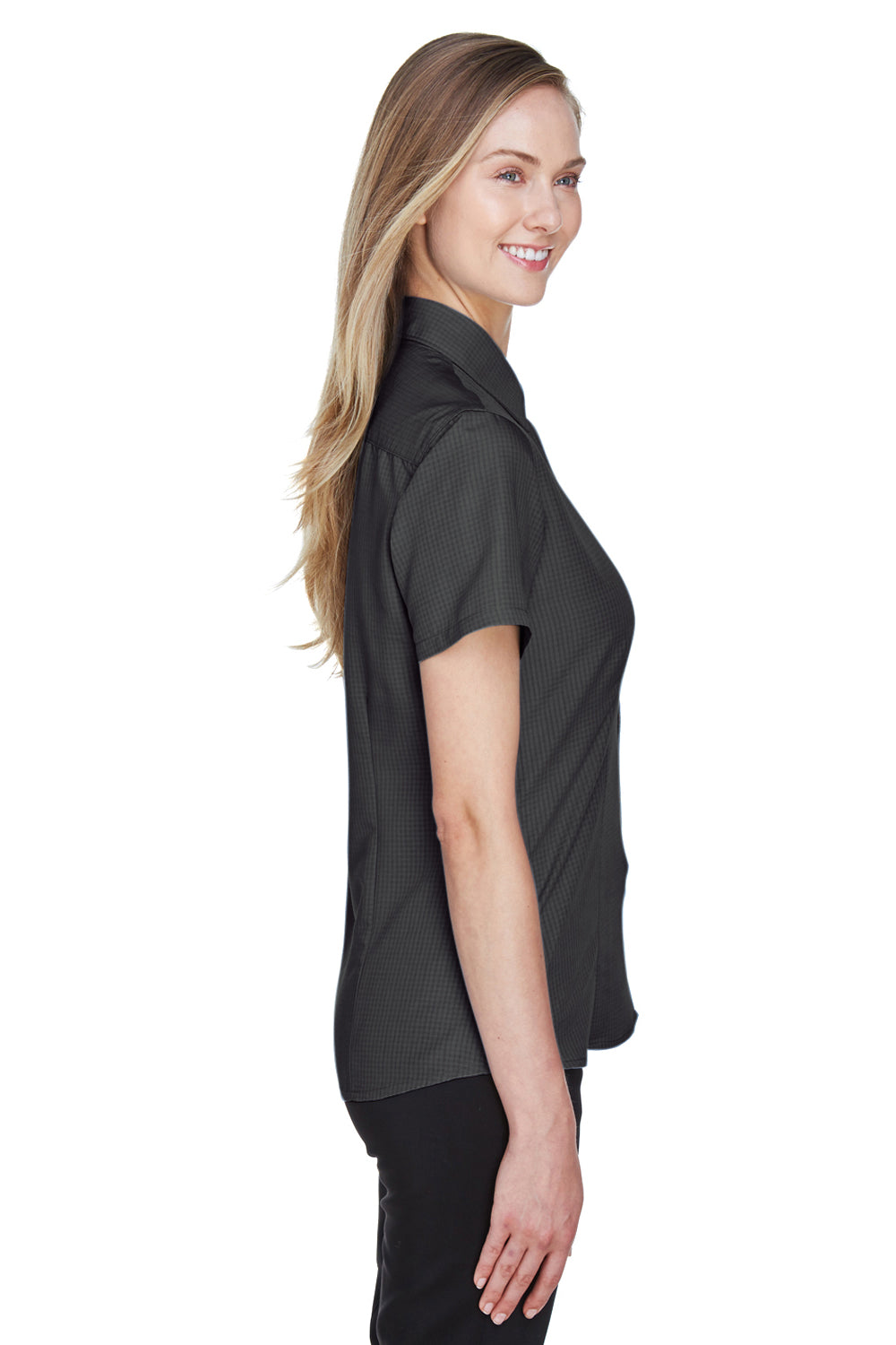 Harriton M560W Womens Barbados Wrinkle Resistant Short Sleeve Button Down Camp Shirt Black Model Side