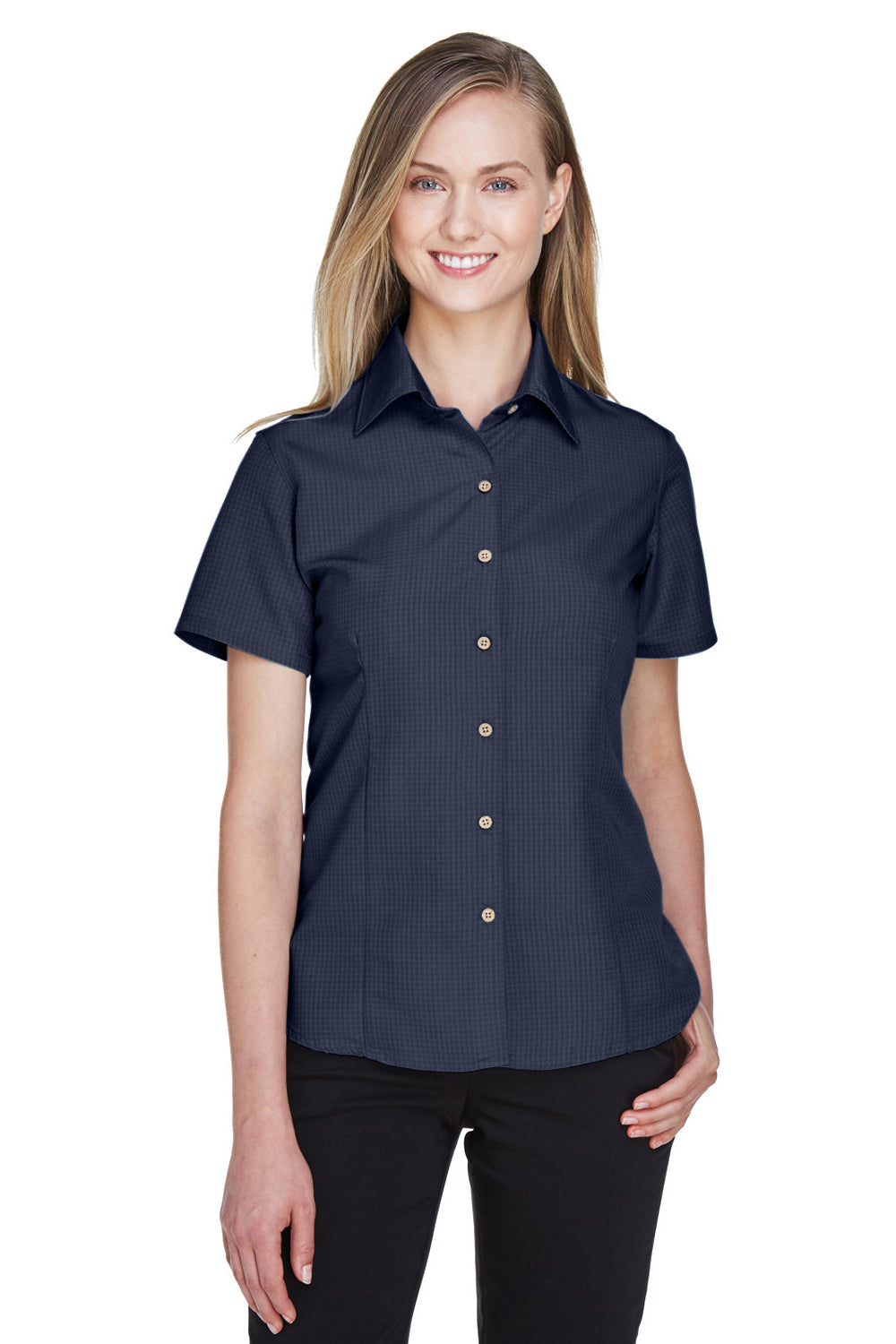 Harriton M560W Womens Barbados Wrinkle Resistant Short Sleeve Button Down Camp Shirt Navy Blue Model Front