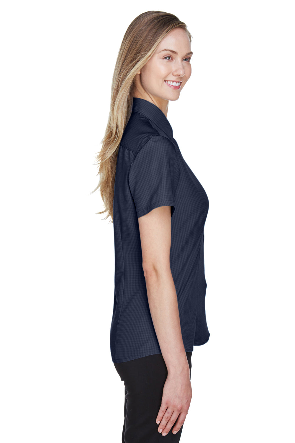 Harriton M560W Womens Barbados Wrinkle Resistant Short Sleeve Button Down Camp Shirt Navy Blue Model Side