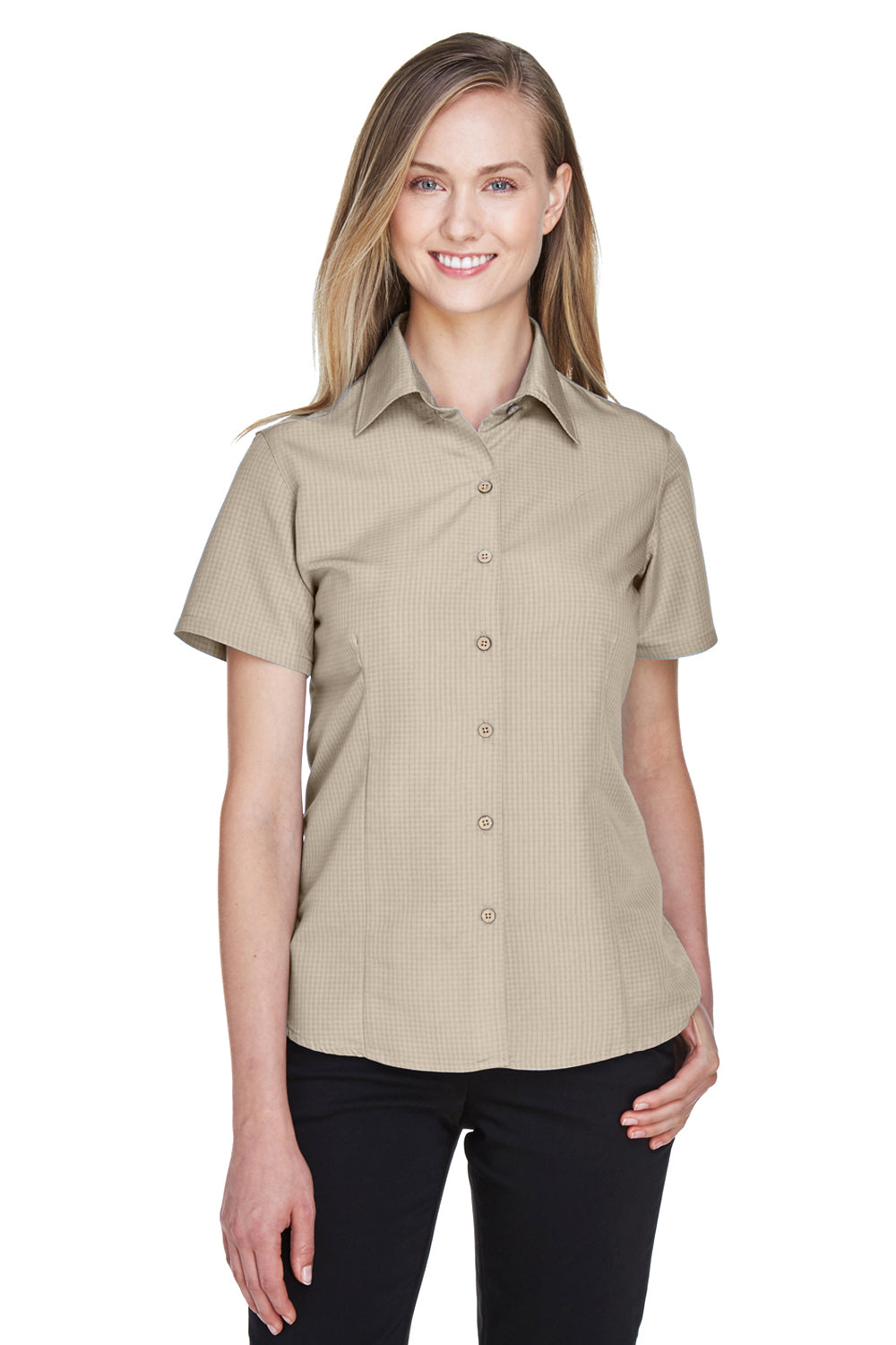 Harriton M560W Womens Barbados Wrinkle Resistant Short Sleeve Button Down Camp Shirt Khaki Model Front