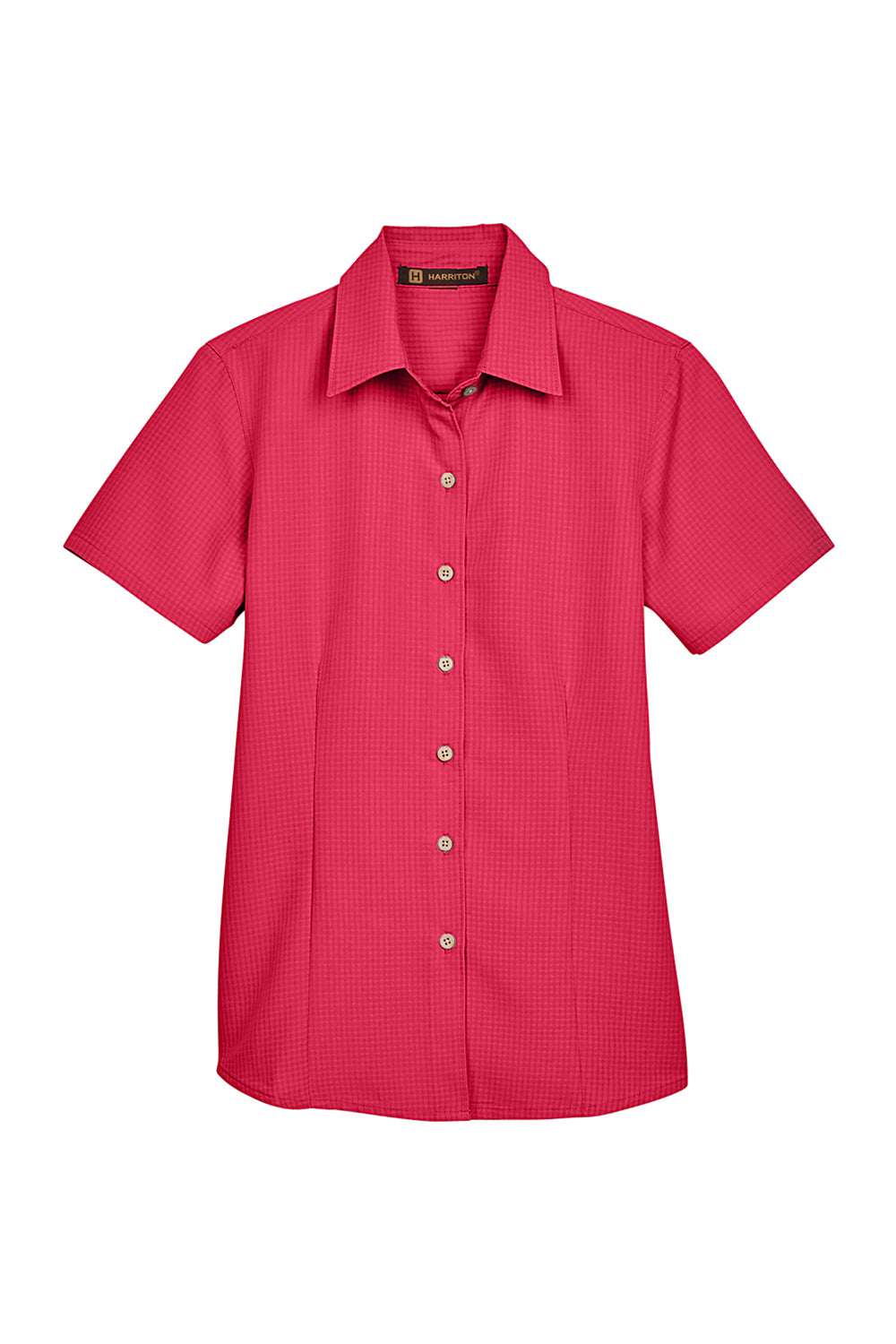 Harriton M560W Womens Barbados Wrinkle Resistant Short Sleeve Button Down Camp Shirt Parrot Red Flat Front