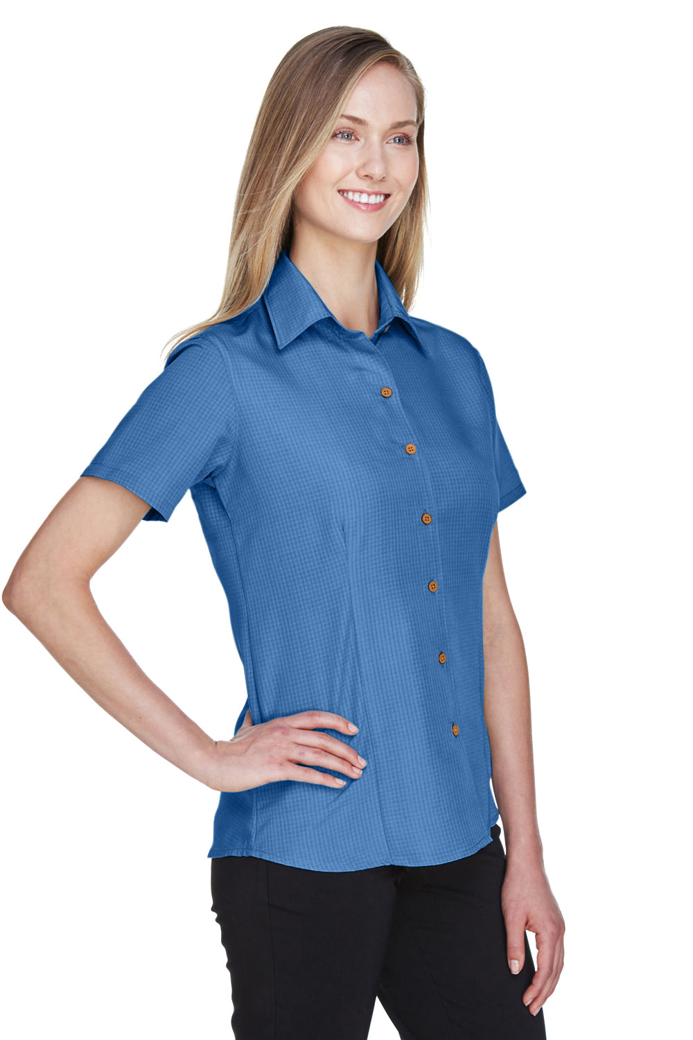 Harriton M560W Womens Barbados Wrinkle Resistant Short Sleeve Button Down Camp Shirt Pool Blue Model 3q