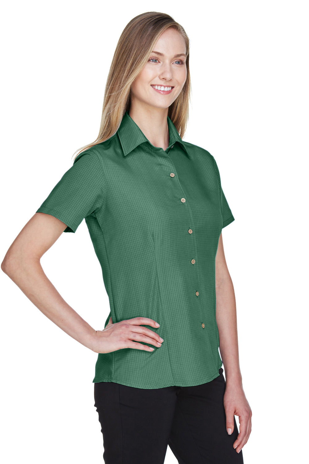 Harriton M560W Womens Barbados Wrinkle Resistant Short Sleeve Button Down Camp Shirt Palm Green Model 3q