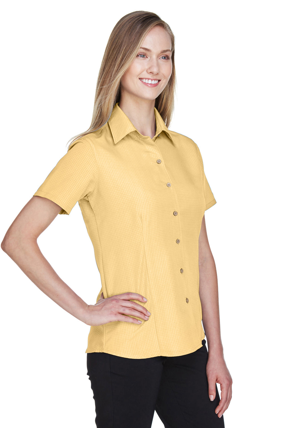 Harriton M560W Womens Barbados Wrinkle Resistant Short Sleeve Button Down Camp Shirt Pineapple Yellow Model 3q