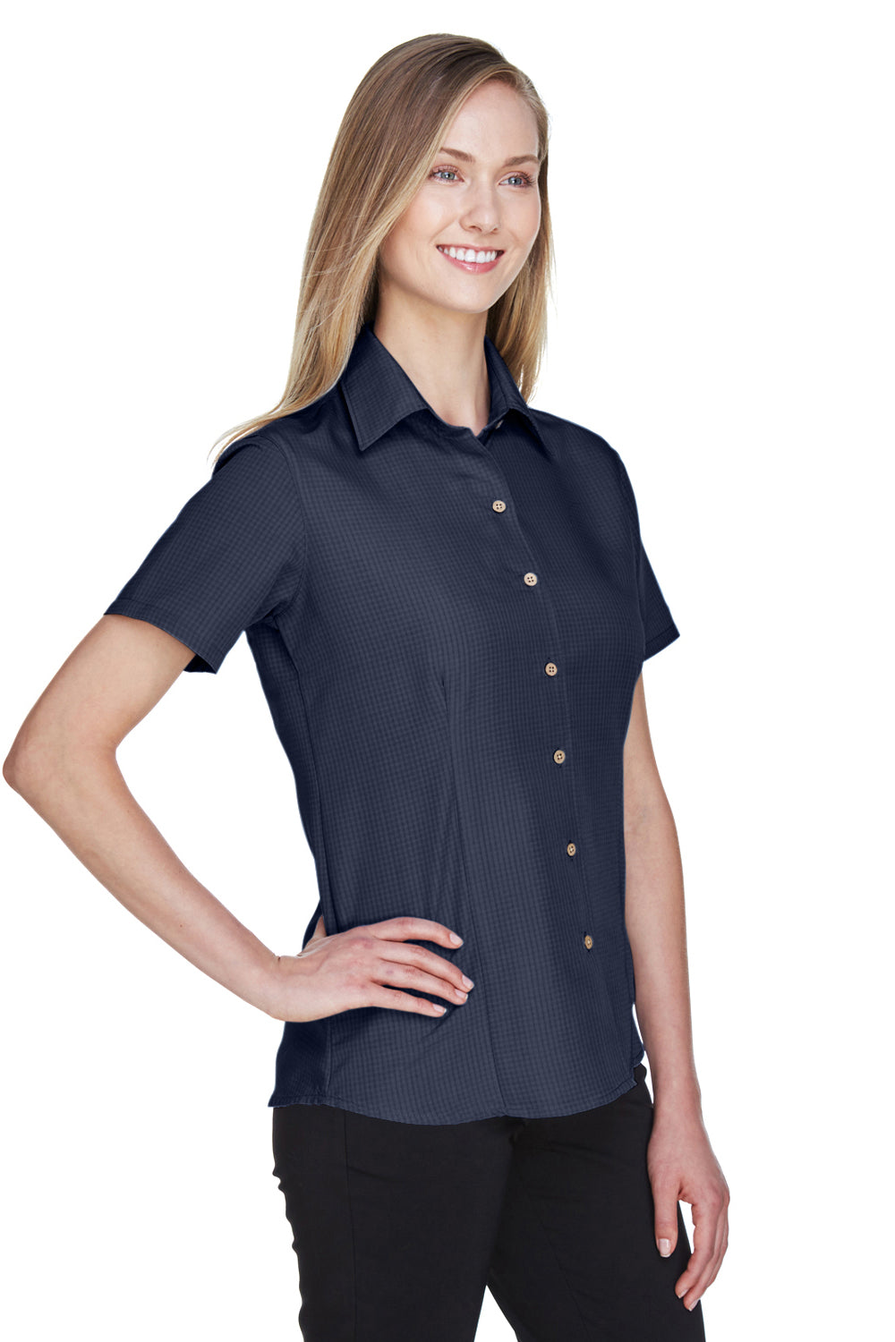 Harriton M560W Womens Barbados Wrinkle Resistant Short Sleeve Button Down Camp Shirt Navy Blue Model 3q