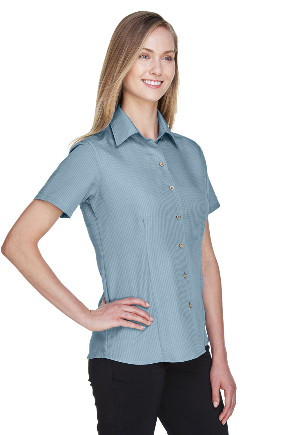 Harriton M560W Womens Barbados Wrinkle Resistant Short Sleeve Button Down Camp Shirt Cloud Blue Model 3q