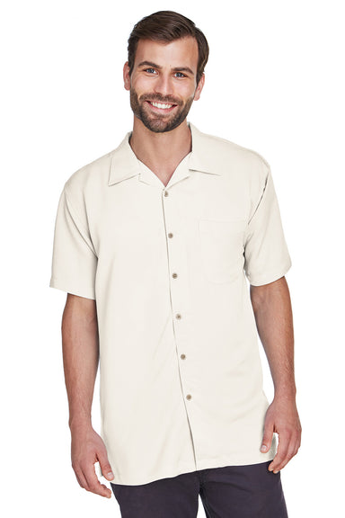 Harriton M570 Mens Bahama Wrinkle Resistant Short Sleeve Button Down Camp Shirt w/ Pocket Cream Model Front