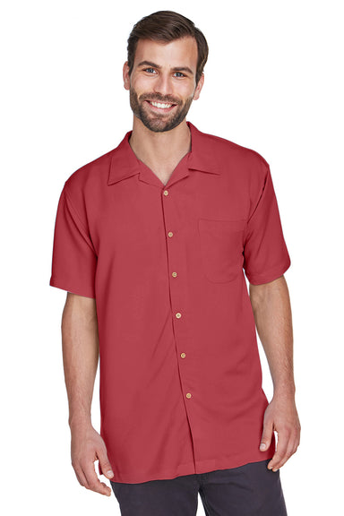 Harriton M570 Mens Bahama Wrinkle Resistant Short Sleeve Button Down Camp Shirt w/ Pocket Tile Red Model Front