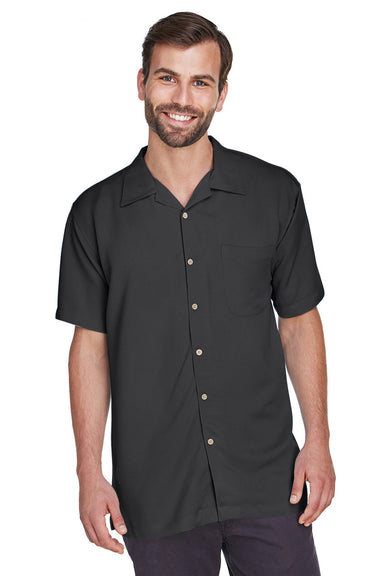 Harriton M570 Mens Bahama Wrinkle Resistant Short Sleeve Button Down Camp Shirt w/ Pocket Black Model Front