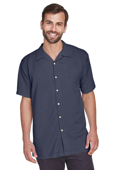 Harriton M570 Mens Bahama Wrinkle Resistant Short Sleeve Button Down Camp Shirt w/ Pocket Navy Blue Model Front