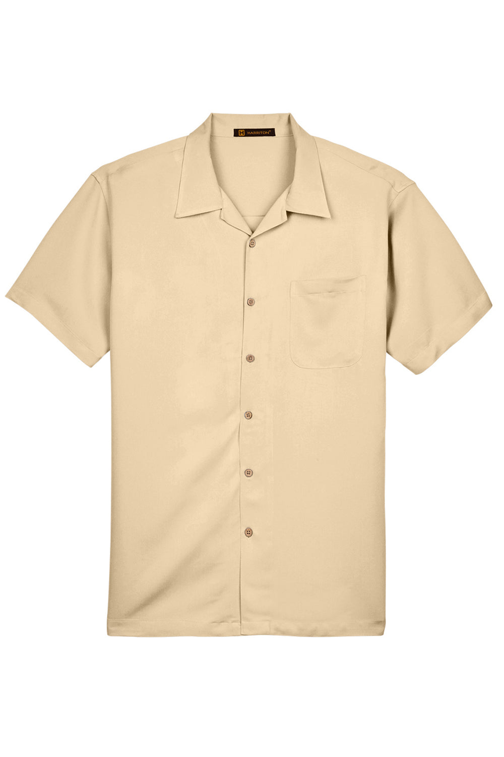 Harriton M570 Mens Bahama Wrinkle Resistant Short Sleeve Button Down Camp Shirt w/ Pocket Sand Flat Front