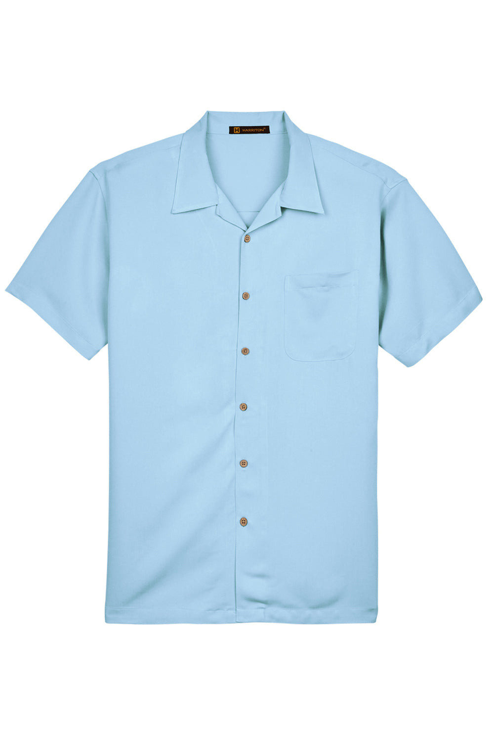 Harriton M570 Mens Bahama Wrinkle Resistant Short Sleeve Button Down Camp Shirt w/ Pocket Cloud Blue Flat Front