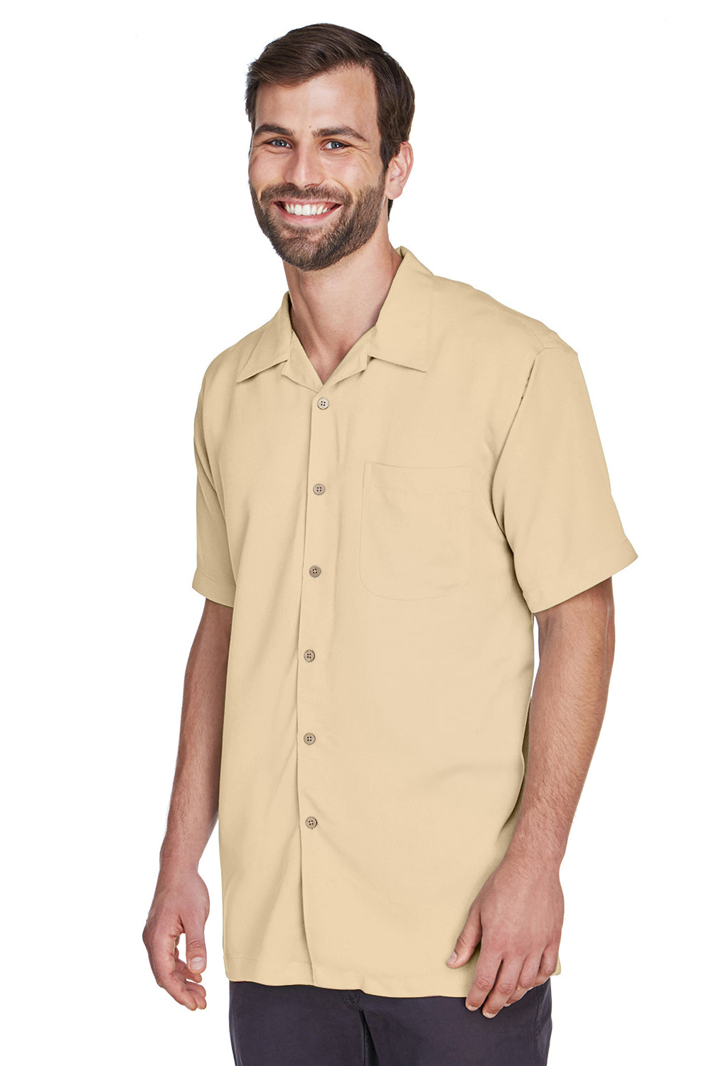 Harriton M570 Mens Bahama Wrinkle Resistant Short Sleeve Button Down Camp Shirt w/ Pocket Sand Model 3q