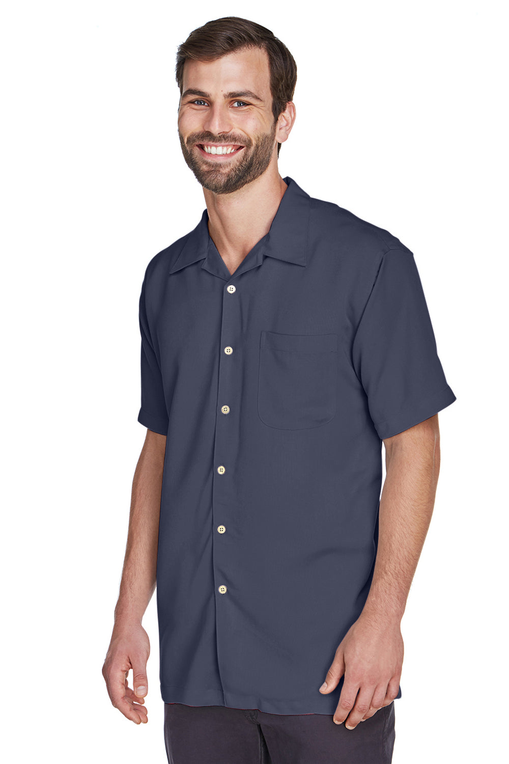 Harriton M570 Mens Bahama Wrinkle Resistant Short Sleeve Button Down Camp Shirt w/ Pocket Navy Blue Model 3q