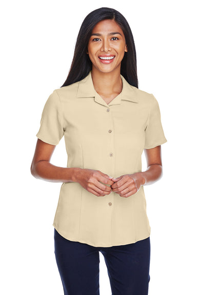 Harriton M570W Womens Bahama Wrinkle Resistant Short Sleeve Button Down Camp Shirt Sand Model Front