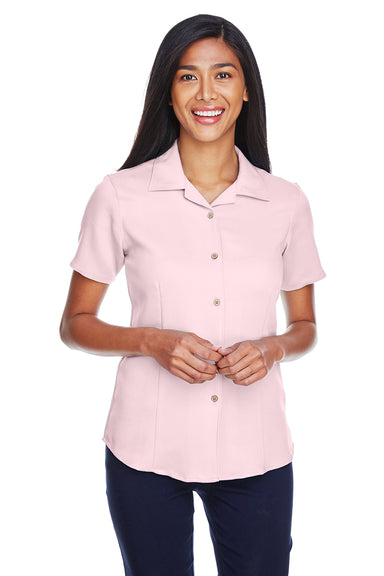 Harriton M570W Womens Bahama Wrinkle Resistant Short Sleeve Button Down Camp Shirt Blush Pink Model Front