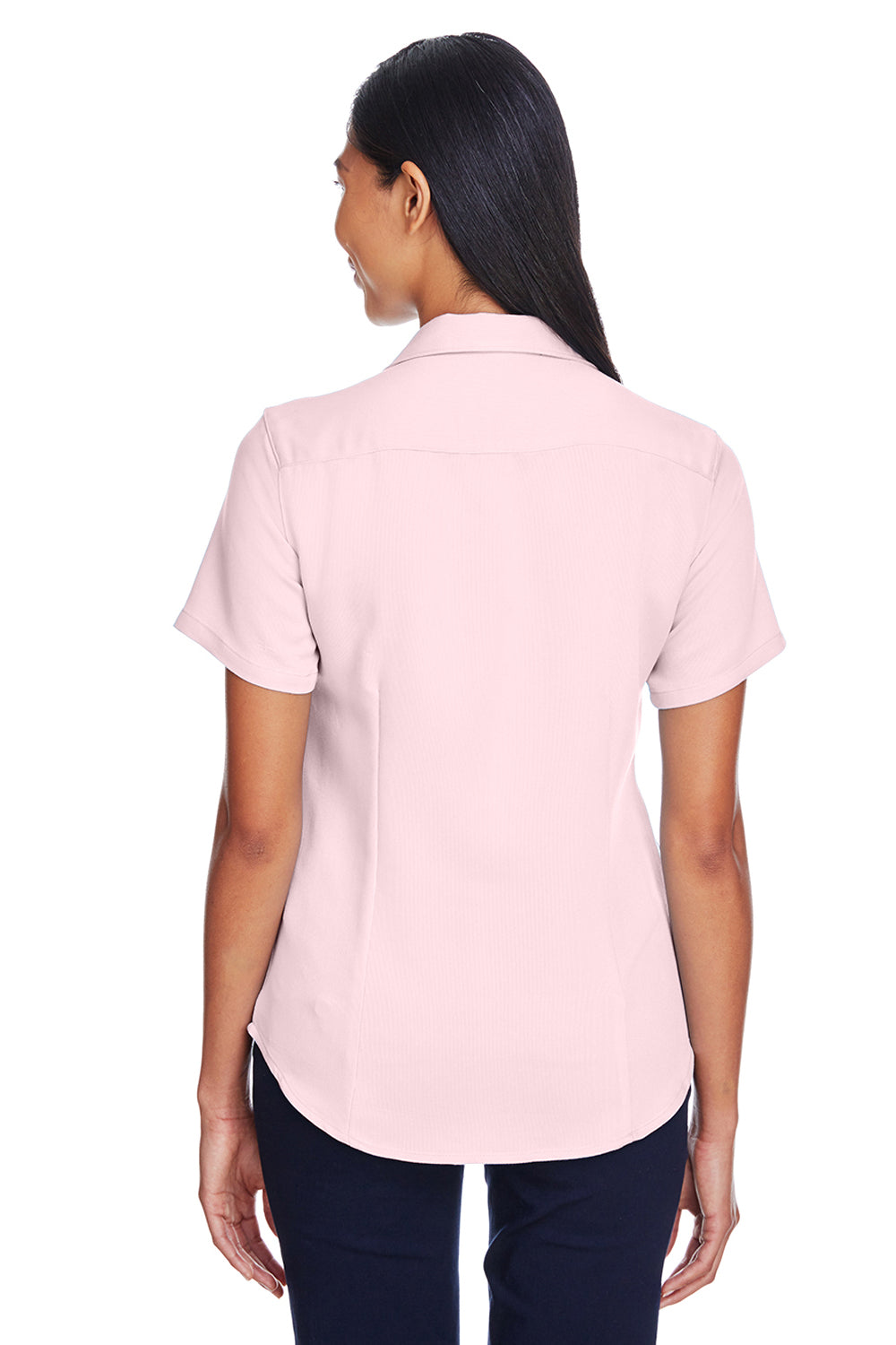 Harriton M570W Womens Bahama Wrinkle Resistant Short Sleeve Button Down Camp Shirt Blush Pink Model Back