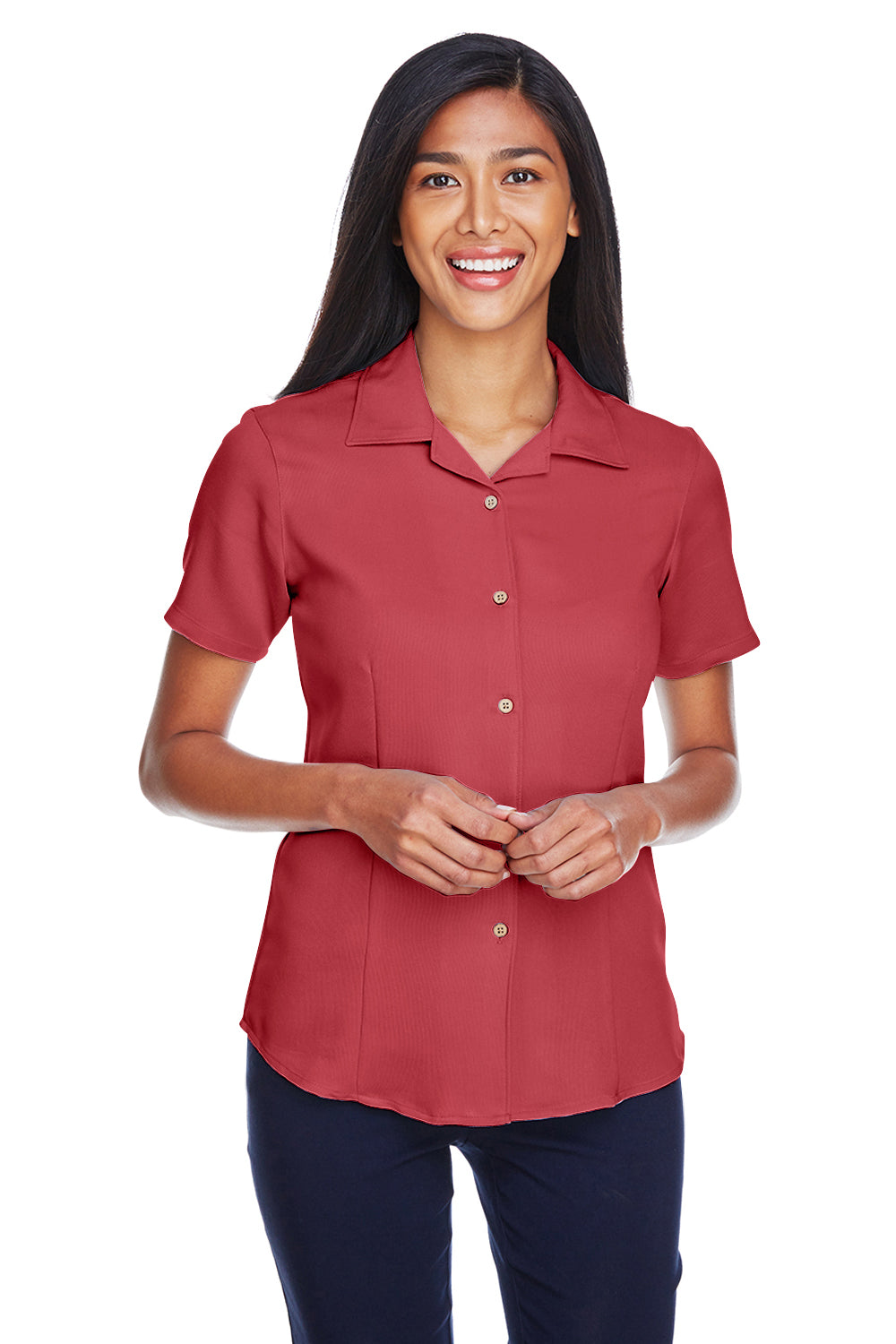 Harriton M570W Womens Bahama Wrinkle Resistant Short Sleeve Button Down Camp Shirt Tile Red Model Front