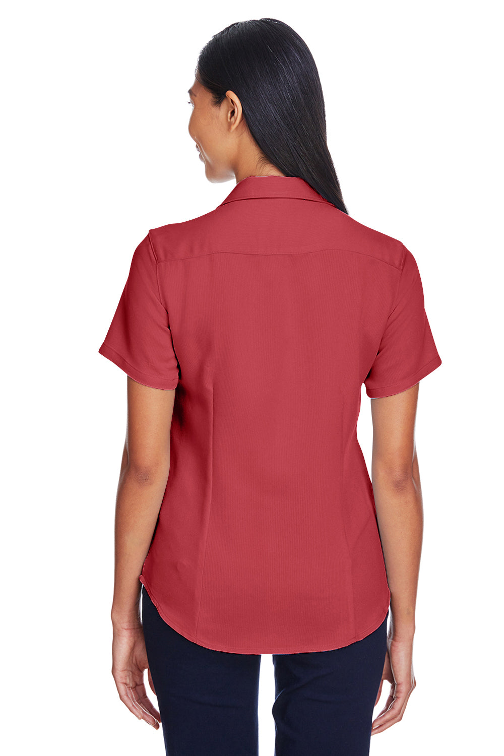 Harriton M570W Womens Bahama Wrinkle Resistant Short Sleeve Button Down Camp Shirt Tile Red Model Back