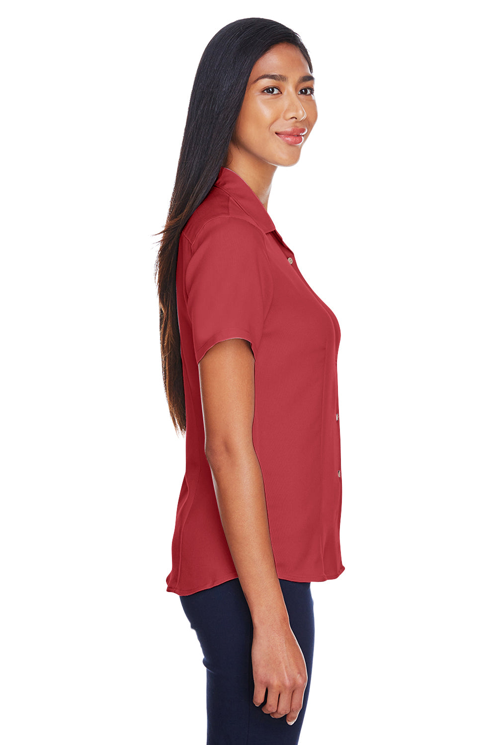 Harriton M570W Womens Bahama Wrinkle Resistant Short Sleeve Button Down Camp Shirt Tile Red Model Side