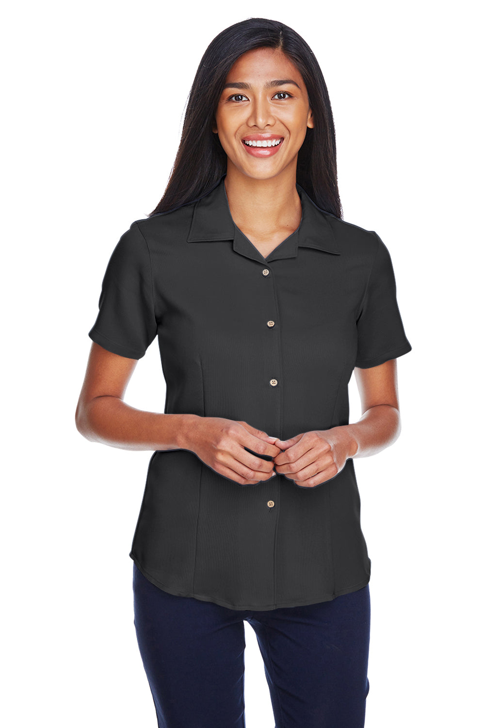 Harriton M570W Womens Bahama Wrinkle Resistant Short Sleeve Button Down Camp Shirt Black Model Front