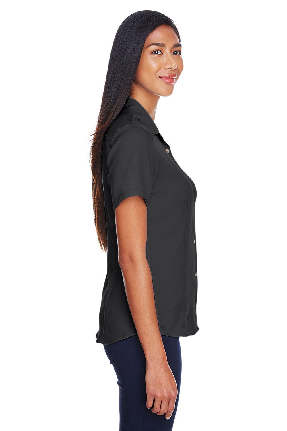 Harriton M570W Womens Bahama Wrinkle Resistant Short Sleeve Button Down Camp Shirt Black Model Side