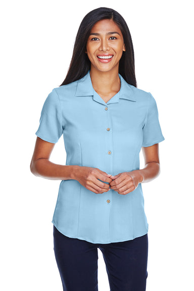 Harriton M570W Womens Bahama Wrinkle Resistant Short Sleeve Button Down Camp Shirt Cloud Blue Model Front