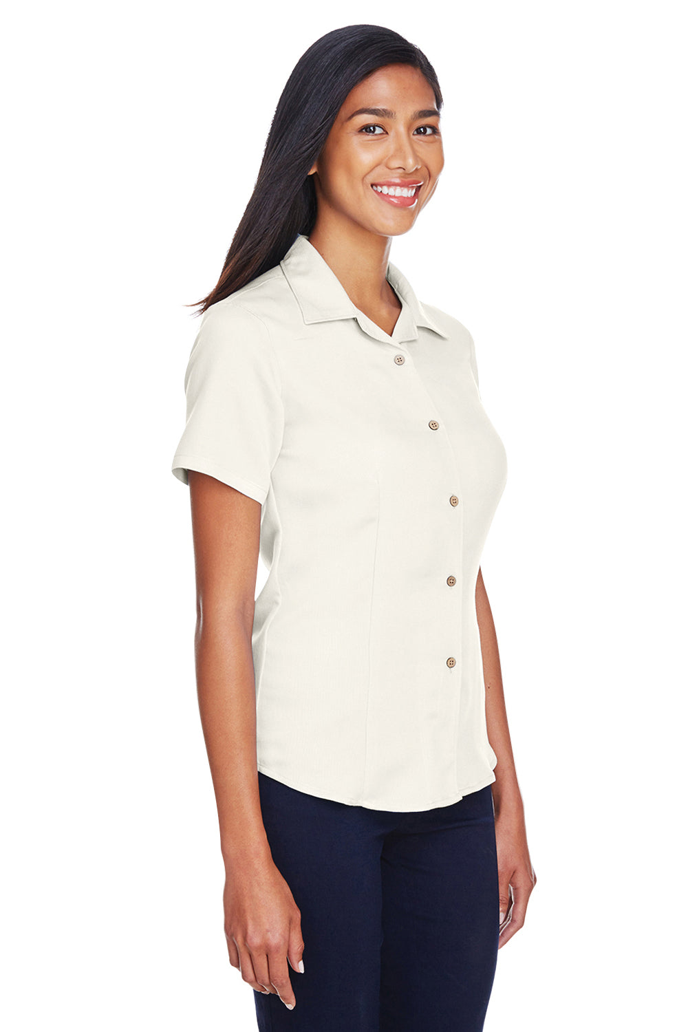 Harriton M570W Womens Bahama Wrinkle Resistant Short Sleeve Button Down Camp Shirt Cream Model 3q